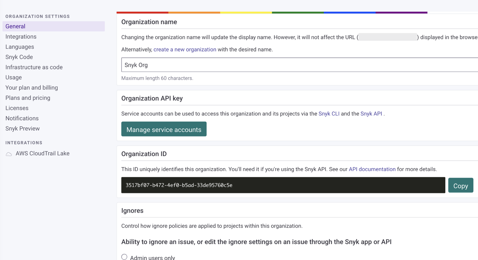 Organization ID on Snyk settings page