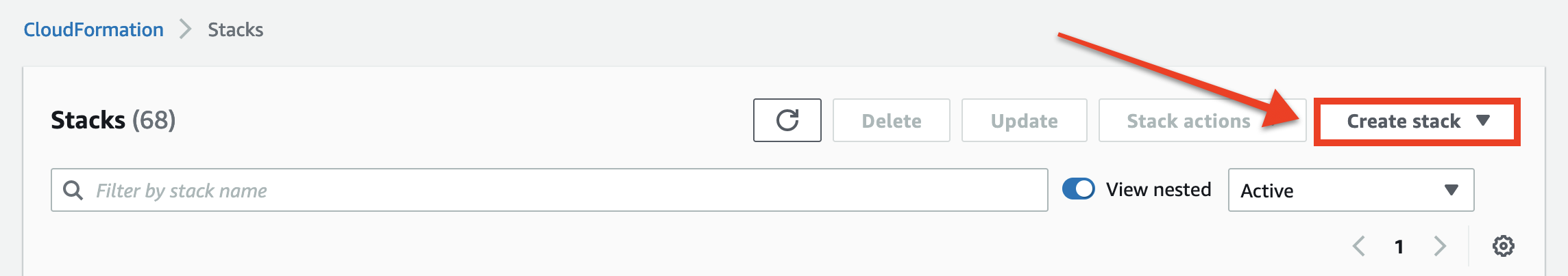 Select the Create stack button in the AWS Management Console