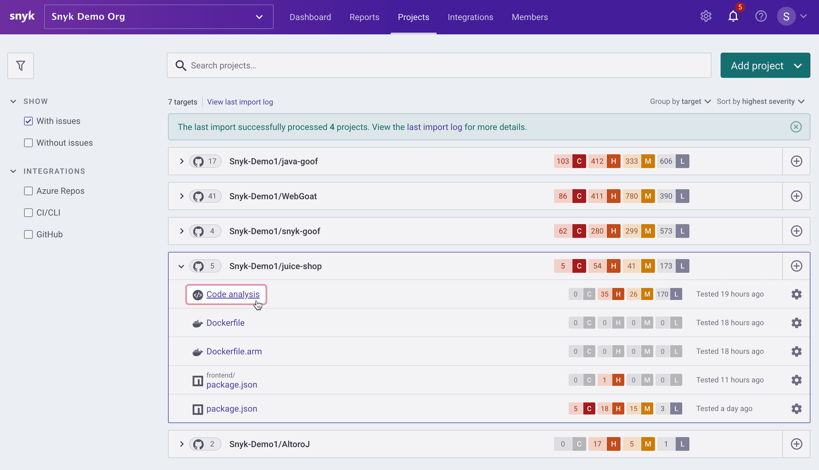 Screenshot of a cursor selecting a Code Analysis project in Snyk