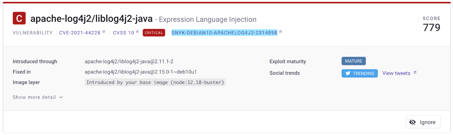 Issue card for the apache log 4j vulnerability