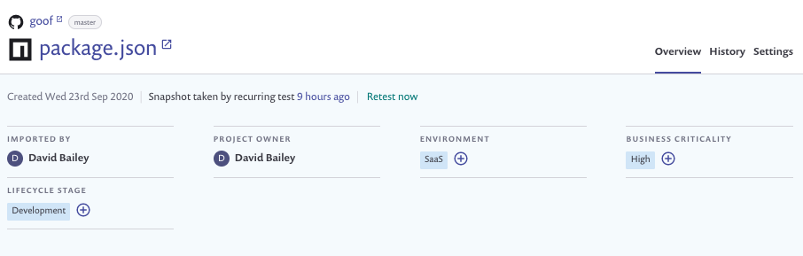 Header showing Project summary information