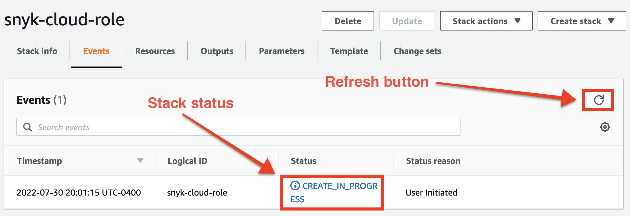 Select the Refresh button to refresh the stack status in the AWS Management Console