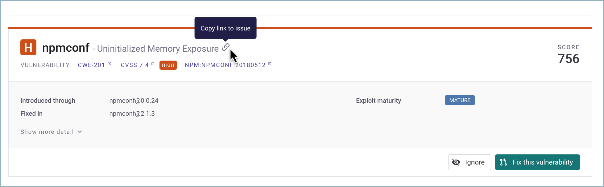 Issue card for the npmconf vulnerability