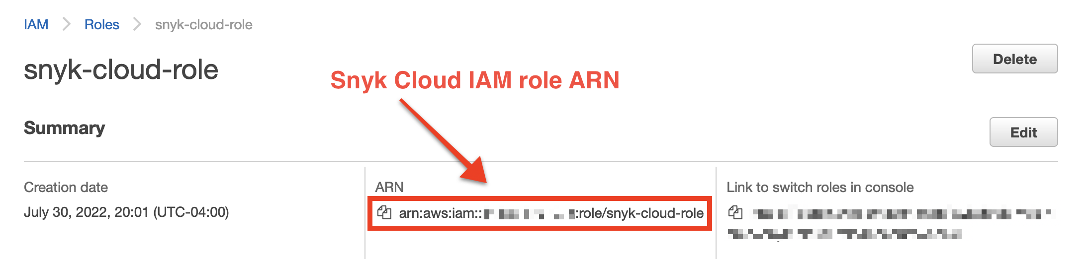 Copy the role ARN in the AWS Management Console
