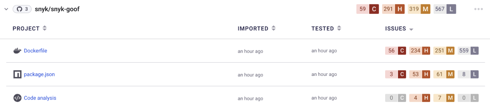 Projects listing page showing a new scan